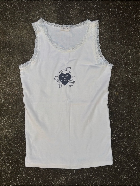 Brandy Melville Tops - White Lace-Trim Tank Top with Heart Graphic - Sweet as Heaven